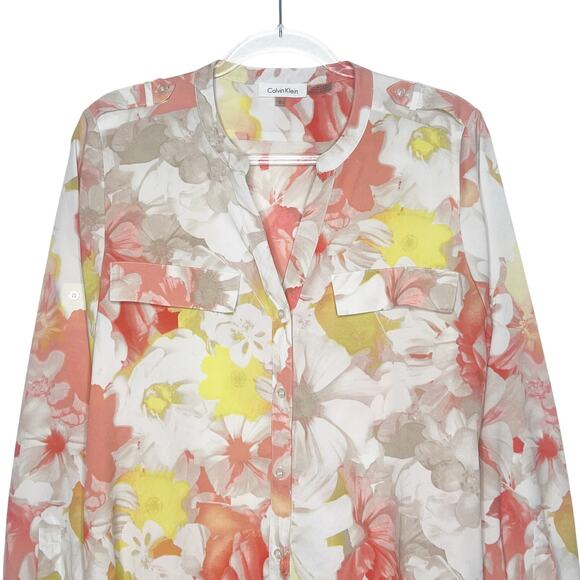 CALVIN KLEIN Abstract Floral-Print Roll-Tab Blouse Button Up Multi Womens Size L - Picture 3 of 7
